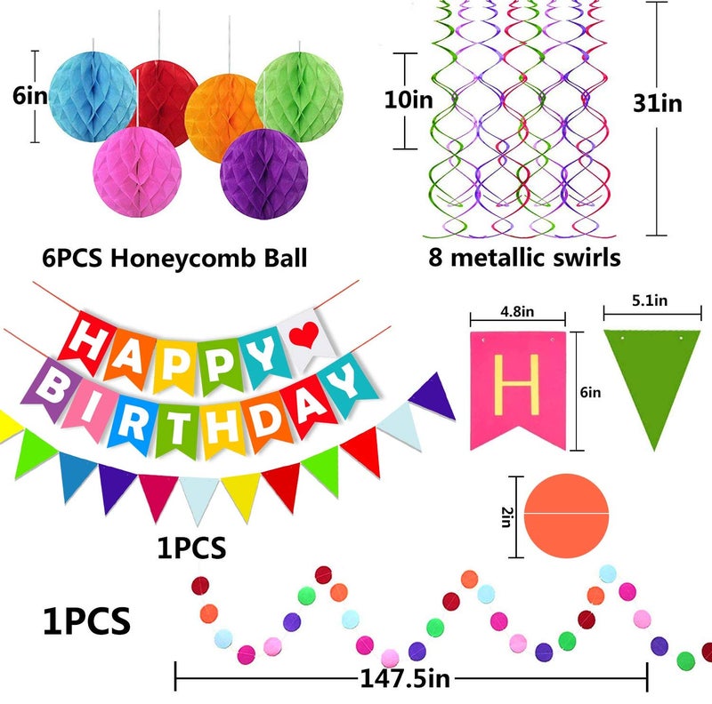 FECEDY Colorful Happy Birthday Banner Paper Triangle Flag Bunting Circle Confetti Dots Hanging Garland And Honeycomb Ball Swirl Streamers for Birthday Baby Shower Party Decoration - Image 2