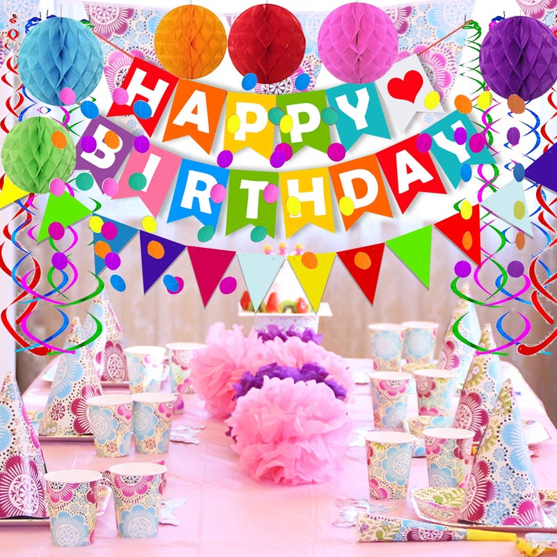 FECEDY Colorful Happy Birthday Banner Paper Triangle Flag Bunting Circle Confetti Dots Hanging Garland And Honeycomb Ball Swirl Streamers for Birthday Baby Shower Party Decoration - Image 5