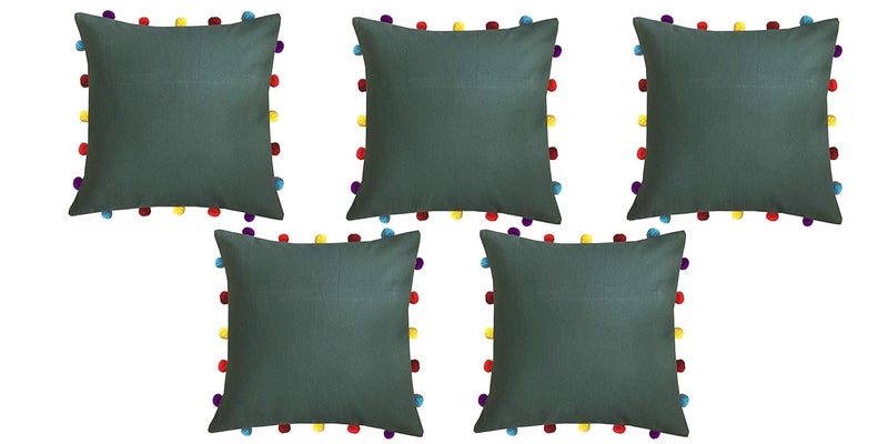 Lushomes Cushion Cover 16x16 Boho Cushion Covers Sofa Pillow Cover Cushion Covers with Tassels Cushion Cover with pom pom 16x16 Inches Set of 5 Olive Green - Image 1