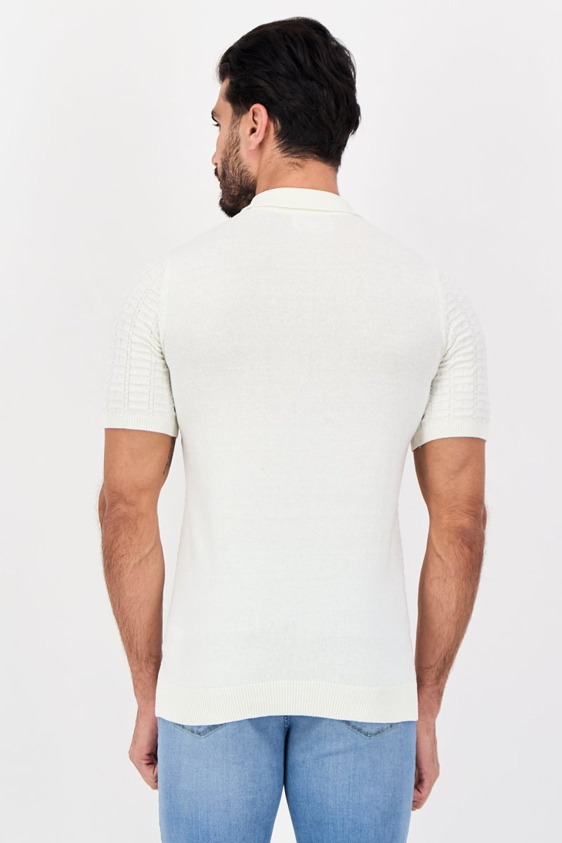 Threadbare Men Regular Fit Short Sleeve Textured Polo Shirt, Off White - Image 3