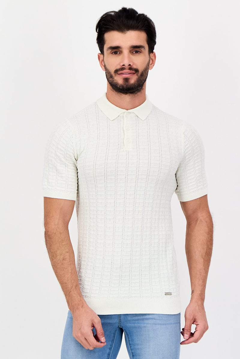 Threadbare Men Regular Fit Short Sleeve Textured Polo Shirt, Off White - Image 1