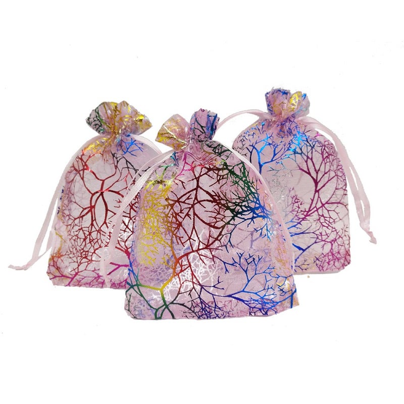 Ankirol 100pcs Sheer Organza Favor Bags For Wedding Baby Shower Rattan Print Gift Bags Samples Display Drawstring Pouches 3x4 inch coral pink