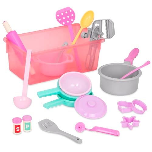 Battat Play Circle Cooking Baking Playset Hand Mixer Rolling Pin Ladle Spatulas More Storage Bin Kitchen Cooking Toys for Kids 3 Years Dinner for Eight Cookware - Image 1