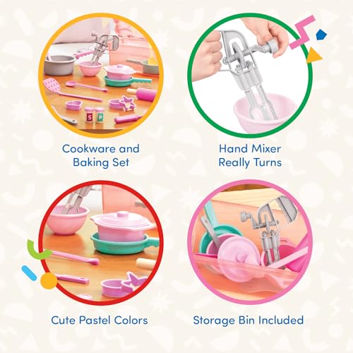 Battat Play Circle Cooking Baking Playset Hand Mixer Rolling Pin Ladle Spatulas More Storage Bin Kitchen Cooking Toys for Kids 3 Years Dinner for Eight Cookware - Image 5