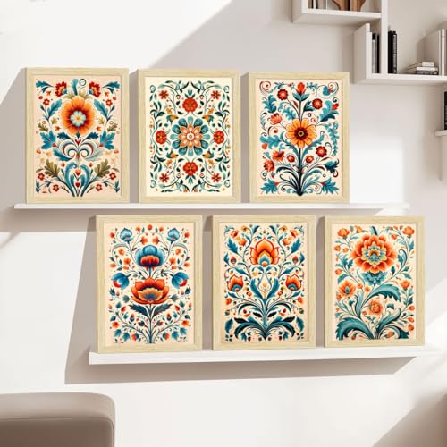 ArtX Paper Floral Art Madhubani Paintings With Frames For Wall Decor, Wall Painting for Living Room, Bedroom, Office, Painting for Wall Decoration, 10x13 inch, Set of 6 - Image 1