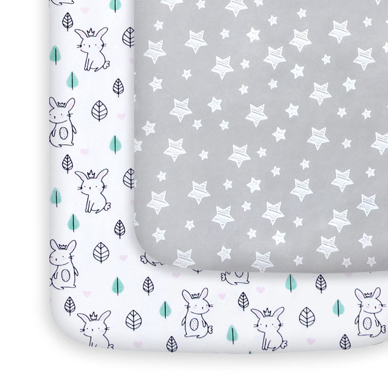 Moonsea Pack and Play Sheets, 2 Pack Mini Crib Sheets, Stretchy Playard Fitted Sheet, Compatible with Graco Pack n Play, Soft and Breathable Material, Stars & Bunny - Image 1