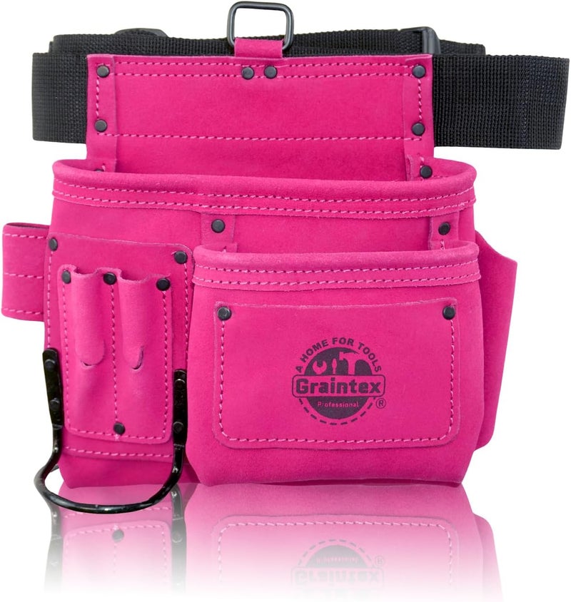 5 Pocket Suede Leather Tool Belt/Bag | Pink | Multipurpose Leather Tool Belt for Women and Men | Construction, Electrician, Handymen, Carpenter, Gardening Pouch and DIY Projects