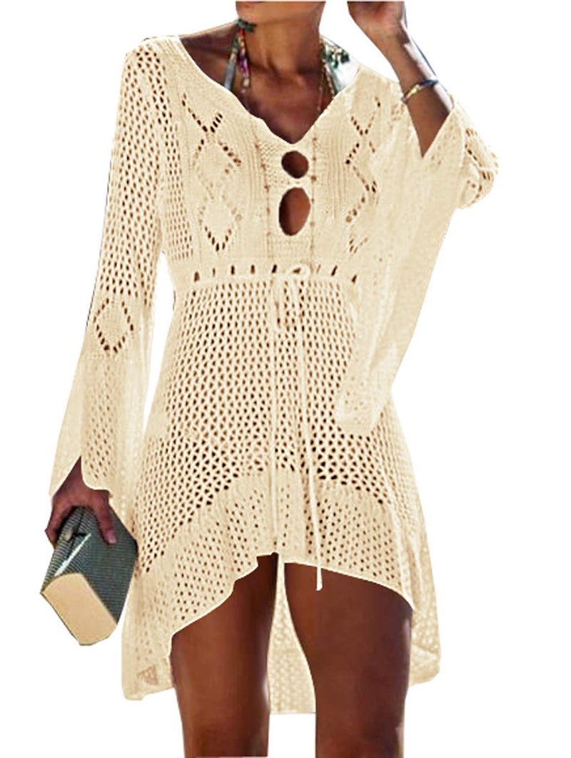 Wander Agio Beach Tops Sexy Floral Cover Dresses Bikini Cover-ups Net Hollow Out Dark Beige - Image 1