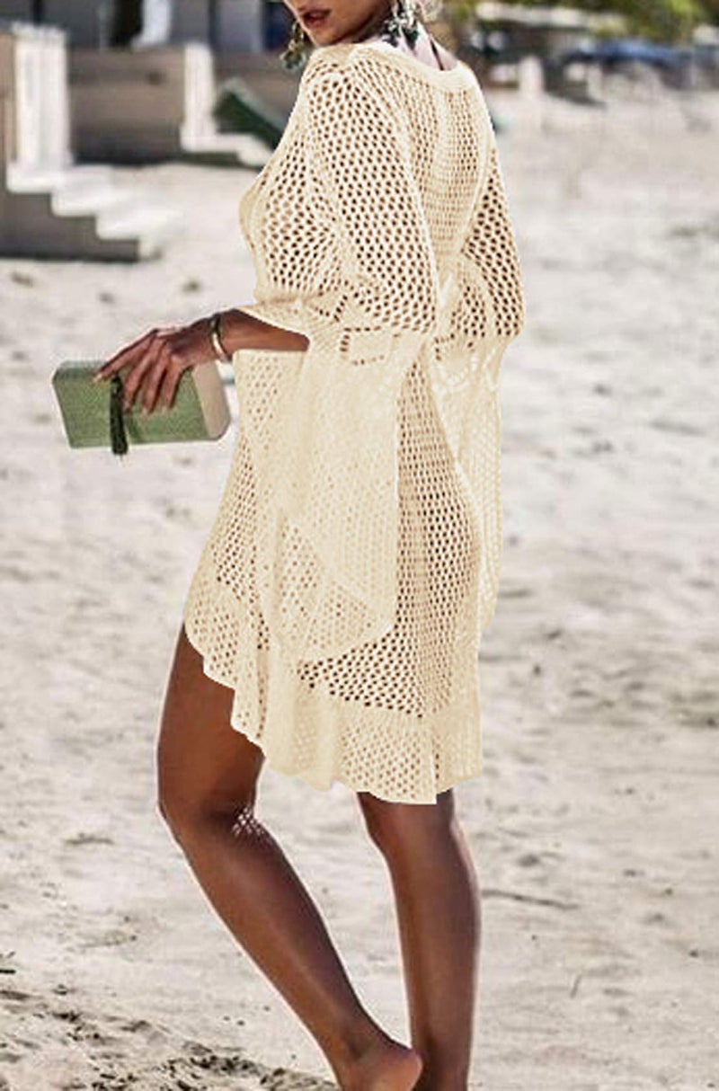 Wander Agio Beach Tops Sexy Floral Cover Dresses Bikini Cover-ups Net Hollow Out Dark Beige - Image 3