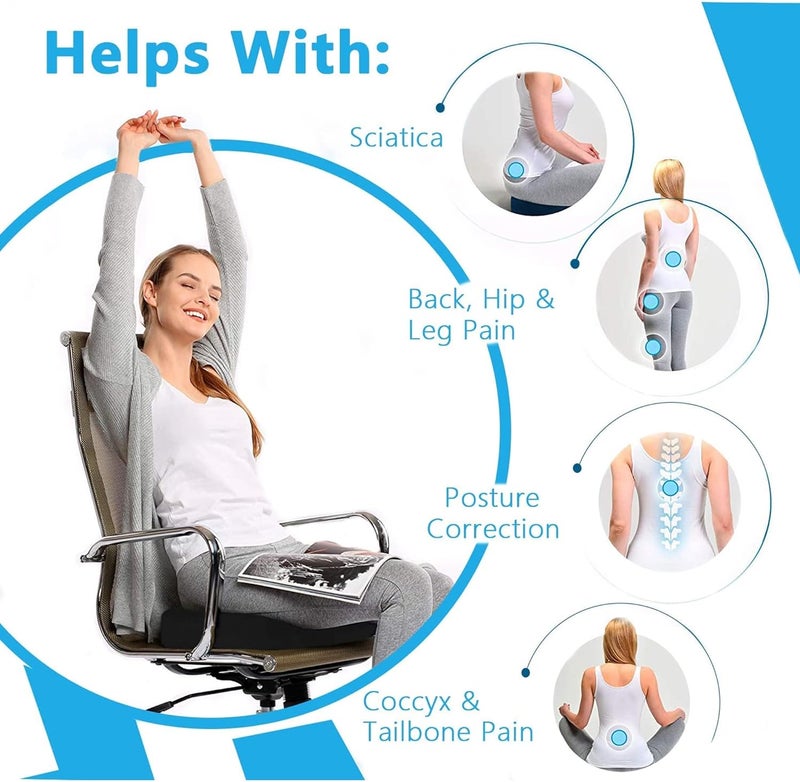 الكبريت وسادة مقعد جل تبريد وسادة عظم العصعص لكرسي المكتب للنساء والرجال لتخفيف آلام عرق النسا وعظم الذنب ودعم السيارة والكرسي المتحرك والطائرة (أسود) - Image 3