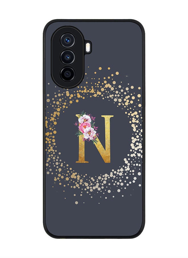 Stylizedd Rugged Black edge case for Huawei Nova Y70 Slim fit Soft Case Flexible Rubber Edges Anti Drop TPU Gel Thin Cover - Custom Monogram Initial Letter Floral Pattern Alphabet - N (Grey )  - Image 1