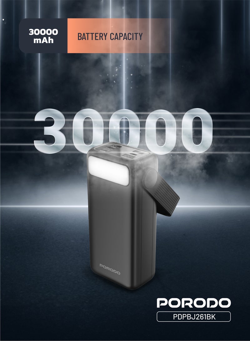 بورودو باور بانك لارا 30000 مللي أمبير / ساعة مع كابلات مدمجة ومصباح يدوي / باور بانك للشحن السريع / شاحن محمول 20 واط PD / باور بانك بمقبض محمول / ميزة أمان مدمجة / سعة بطارية عالية - أسود - Image 4