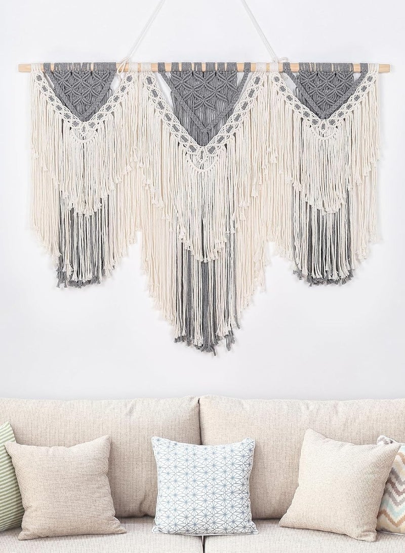 انتيكيانو ديكور حائط كبير من المكرمية على أوتاد خشبية، حبل من القطن الطبيعي بعرض 43 بوصة، نسيج بوهيمي منسوج، ديكور منزلي أنيق على طراز البوهو، باللونين الرمادي والأبيض العاجي - Image 1