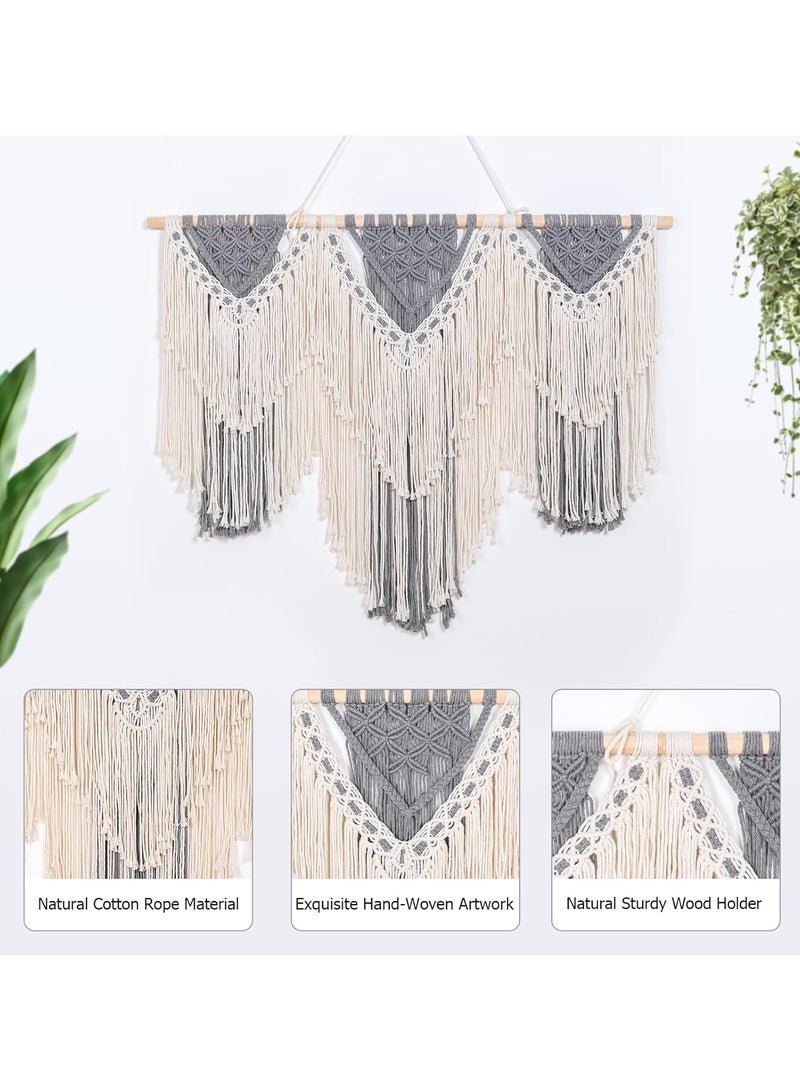 انتيكيانو ديكور حائط كبير من المكرمية على أوتاد خشبية، حبل من القطن الطبيعي بعرض 43 بوصة، نسيج بوهيمي منسوج، ديكور منزلي أنيق على طراز البوهو، باللونين الرمادي والأبيض العاجي - Image 2