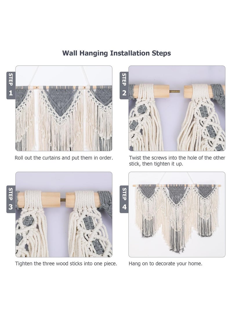 انتيكيانو ديكور حائط كبير من المكرمية على أوتاد خشبية، حبل من القطن الطبيعي بعرض 43 بوصة، نسيج بوهيمي منسوج، ديكور منزلي أنيق على طراز البوهو، باللونين الرمادي والأبيض العاجي - Image 3