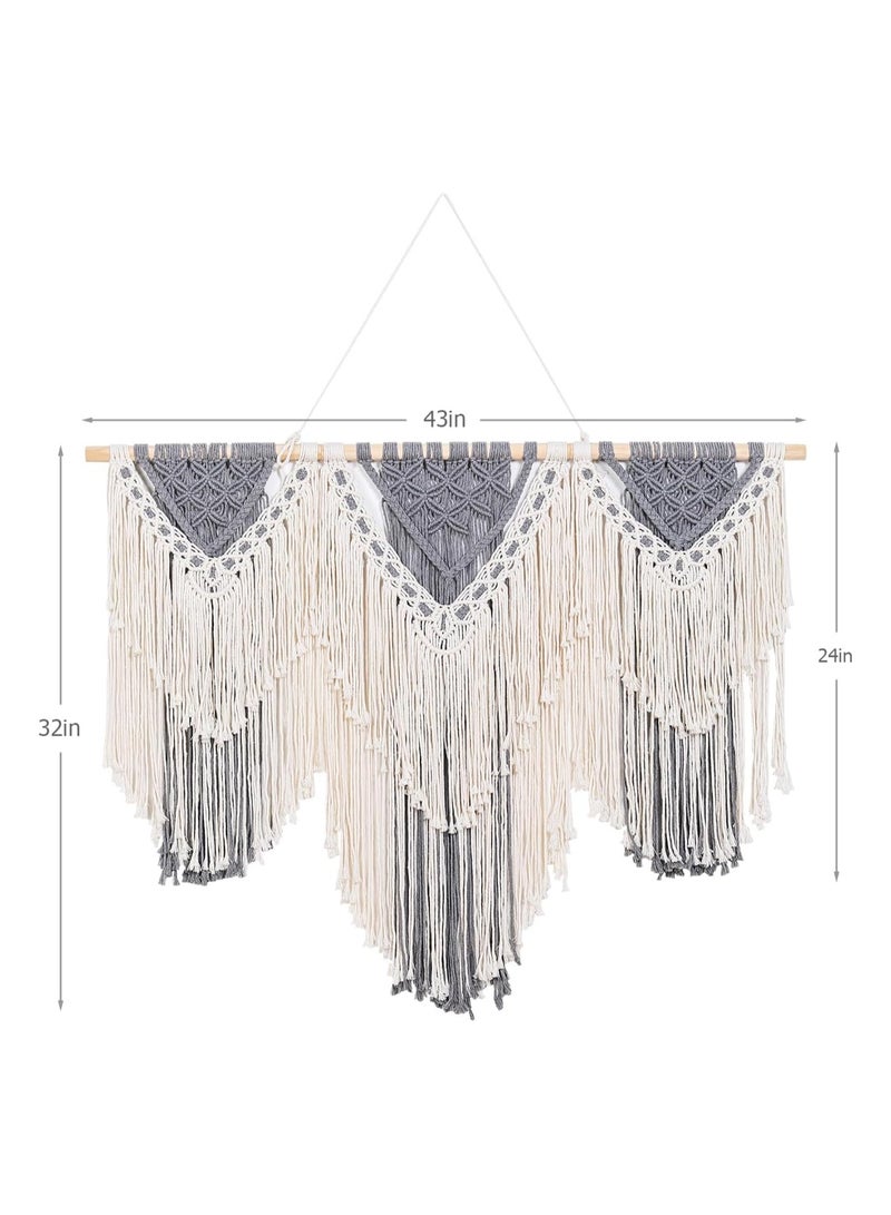 انتيكيانو ديكور حائط كبير من المكرمية على أوتاد خشبية، حبل من القطن الطبيعي بعرض 43 بوصة، نسيج بوهيمي منسوج، ديكور منزلي أنيق على طراز البوهو، باللونين الرمادي والأبيض العاجي - Image 4