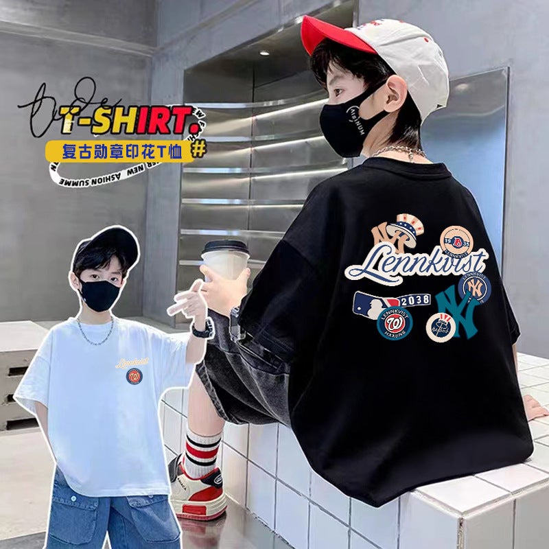 Boys Summer T-Shirt Short-Sleeved Children'S Summer Cotton Half-Sleeved T-Shirt Boys Trendy Brand Fried Street Top T - Image 1