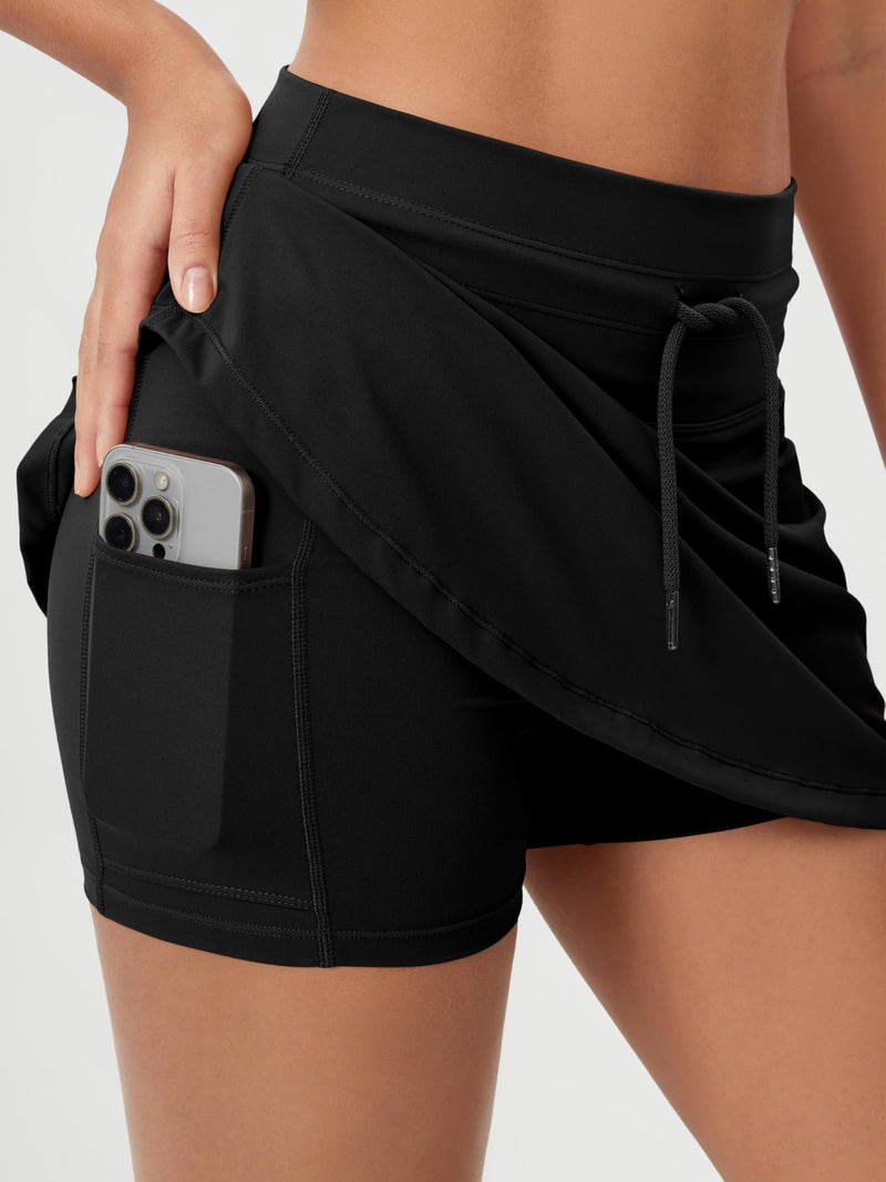 ODODOS Women's Drawstring Tie Skirts Built-in Shorts Athletic Golf Tennis Skorts with Ball Pocket, Black, Large - Image 3
