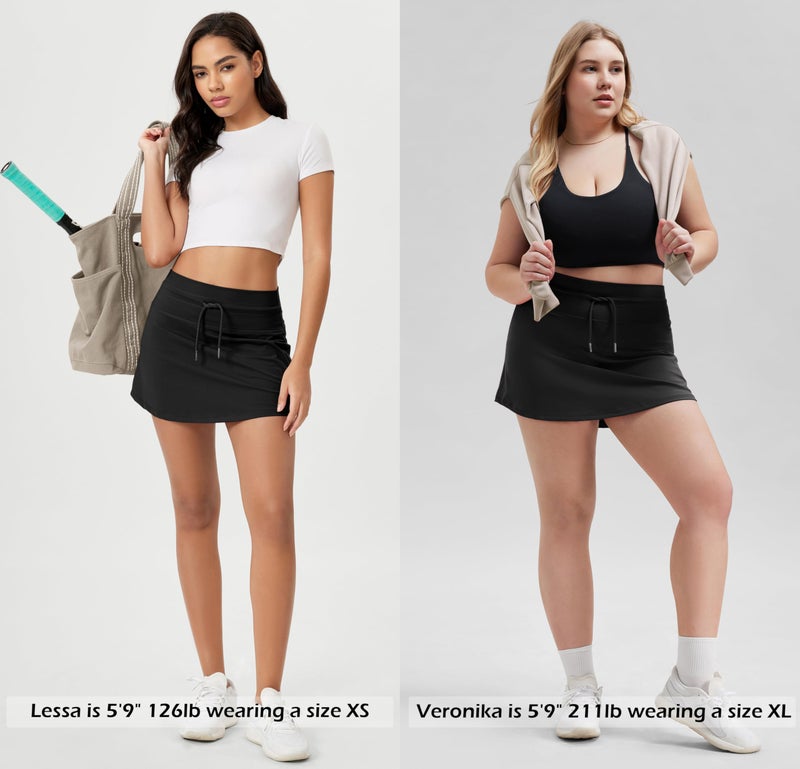 ODODOS Women's Drawstring Tie Skirts Built-in Shorts Athletic Golf Tennis Skorts with Ball Pocket, Black, Large - Image 5