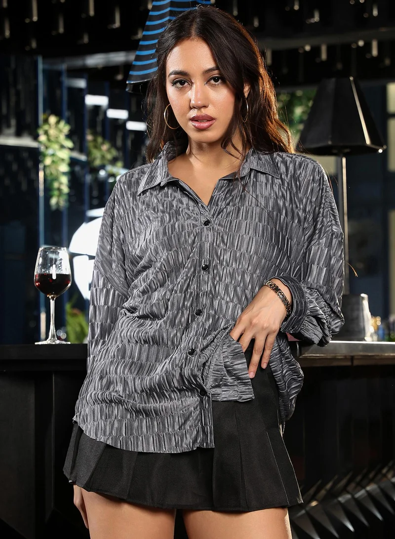 بينيا كولادا Women's Panel-Pleated Oversized Shirt | Spread Collar , Long Button-Cuff Sleeves, Button Closure | Solid Pleated Woven Shirt For Casual & Daily Wear | Ash Grey