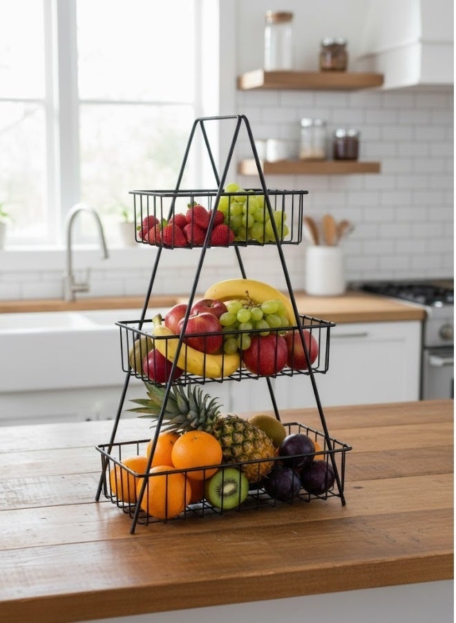 هابي هوم سلة فاكهة متعددة الطبقات بثلاث طبقات بمقبض معدني قوي - تصميم عصري لتقديم الفاكهة والحلويات وحفظ الخضروات - مثالية للتخزين والتنظيم في المطبخ أو على طاولة الطعام - سهلة التنظيف، سعة كبيرة للحفلات والمناسبات - أسود - Image 3