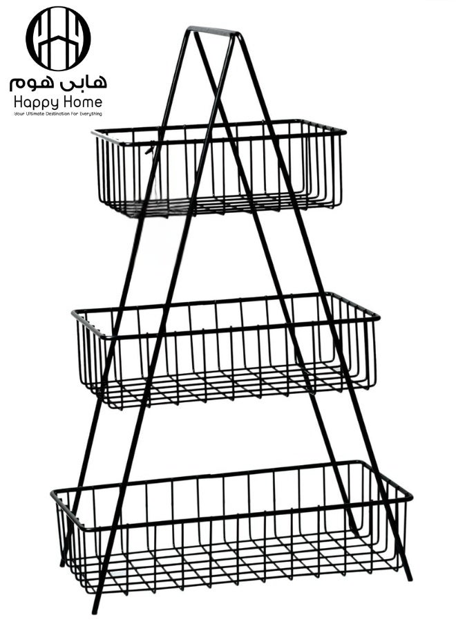 هابي هوم سلة فاكهة متعددة الطبقات بثلاث طبقات بمقبض معدني قوي - تصميم عصري لتقديم الفاكهة والحلويات وحفظ الخضروات - مثالية للتخزين والتنظيم في المطبخ أو على طاولة الطعام - سهلة التنظيف، سعة كبيرة للحفلات والمناسبات - أسود - Image 2