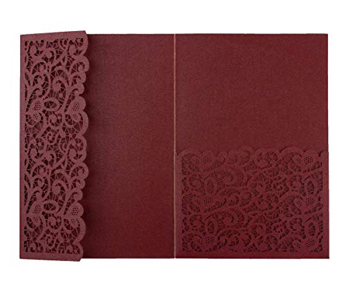 Lucky Star 25pcs 5"x7.28" Burgundy Vintage Tri Fold Wedding Invitations Cards pocket Pearl Paper Laser Cut Hollow Carving Greeting invites Covers only no envelope no insert - Image 3