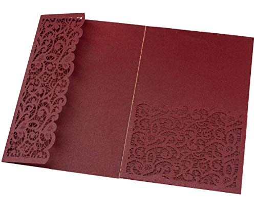 Lucky Star 25pcs 5"x7.28" Burgundy Vintage Tri Fold Wedding Invitations Cards pocket Pearl Paper Laser Cut Hollow Carving Greeting invites Covers only no envelope no insert - Image 4