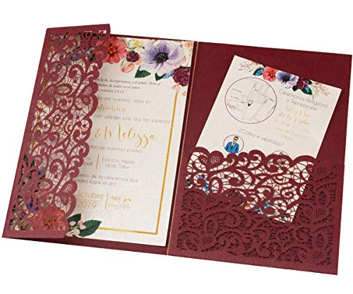 Lucky Star 25pcs 5"x7.28" Burgundy Vintage Tri Fold Wedding Invitations Cards pocket Pearl Paper Laser Cut Hollow Carving Greeting invites Covers only no envelope no insert - Image 1