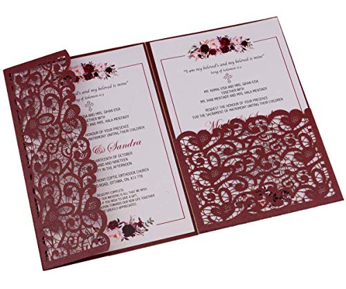 Lucky Star 25pcs 5"x7.28" Burgundy Vintage Tri Fold Wedding Invitations Cards pocket Pearl Paper Laser Cut Hollow Carving Greeting invites Covers only no envelope no insert - Image 2