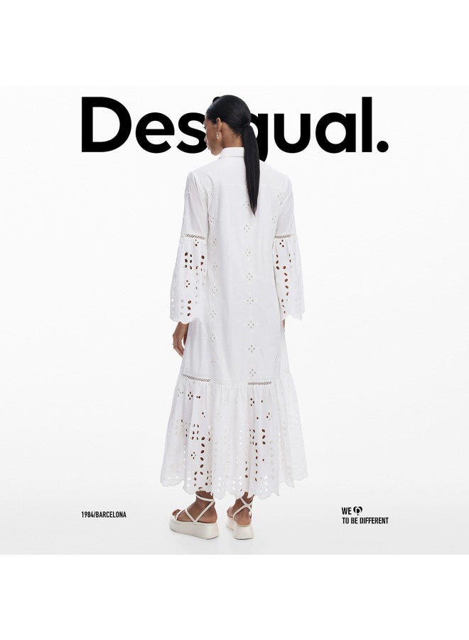 DESIGUAL ss25 New Collection Pure Cotton Embroidered Lapel Shirt Dress With Intricate Cut-out Details - Image 5