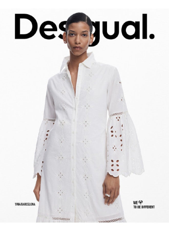 DESIGUAL ss25 New Collection Pure Cotton Embroidered Lapel Shirt Dress With Intricate Cut-out Details - Image 1