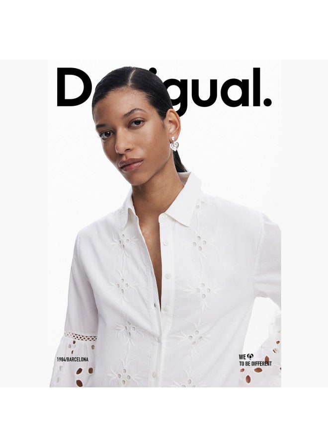 DESIGUAL ss25 New Collection Pure Cotton Embroidered Lapel Shirt Dress With Intricate Cut-out Details - Image 3