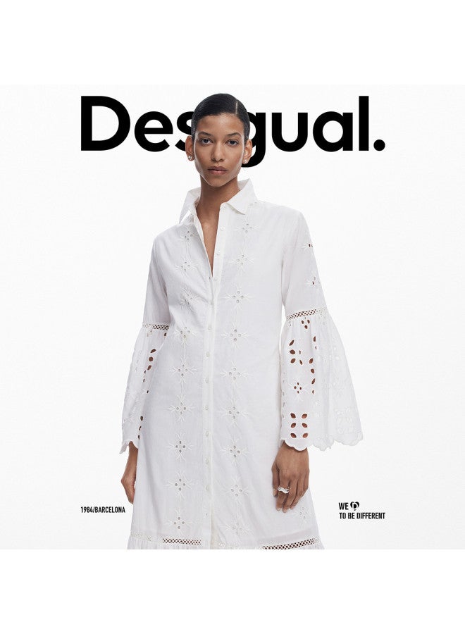 DESIGUAL ss25 New Collection Pure Cotton Embroidered Lapel Shirt Dress With Intricate Cut-out Details - Image 2