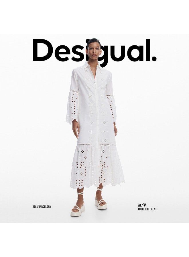 DESIGUAL ss25 New Collection Pure Cotton Embroidered Lapel Shirt Dress With Intricate Cut-out Details - Image 4