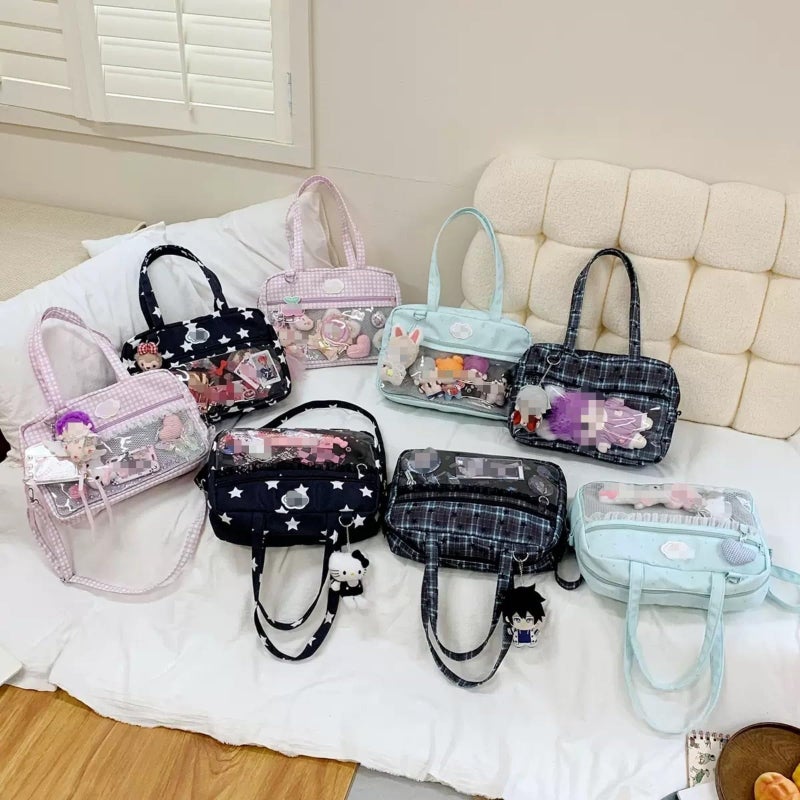 KeAiDMon Ita Bag Shoulder Tote Bag Kawaii plaid large capacity handbag with Insert Anime Pins Display (Lace Black Star) - Image 3