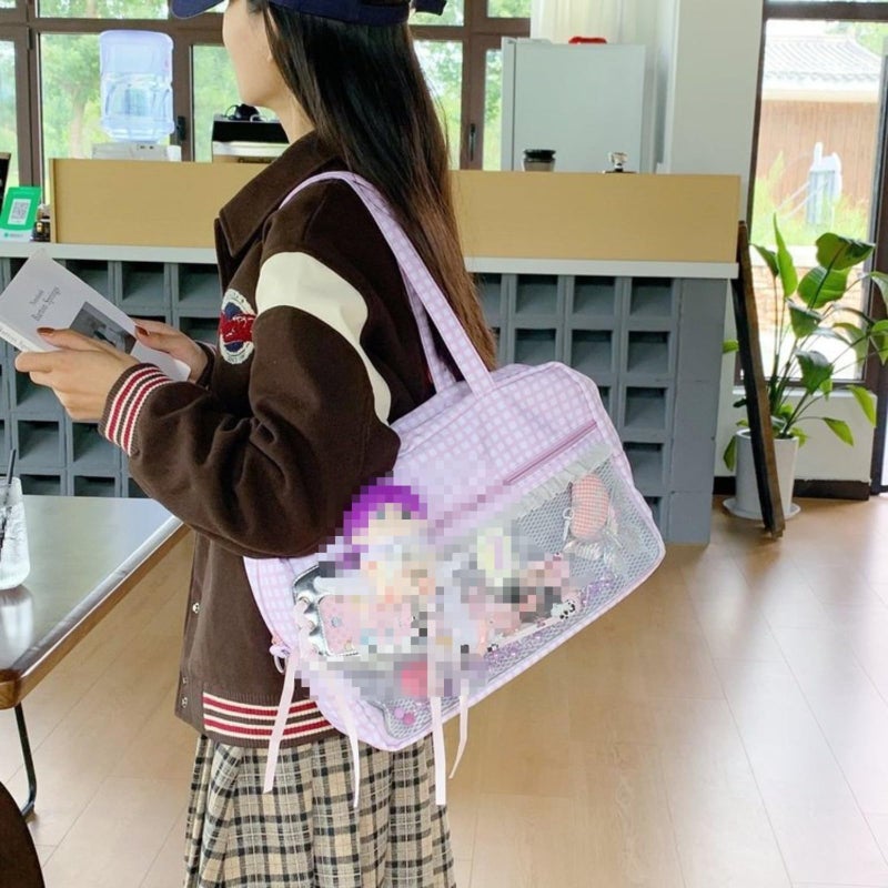 KeAiDMon Ita Bag Shoulder Tote Bag Kawaii plaid large capacity handbag with Insert Anime Pins Display (Lace Black Star) - Image 2