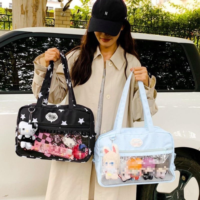 KeAiDMon Ita Bag Shoulder Tote Bag Kawaii plaid large capacity handbag with Insert Anime Pins Display (Lace Black Star) - Image 1