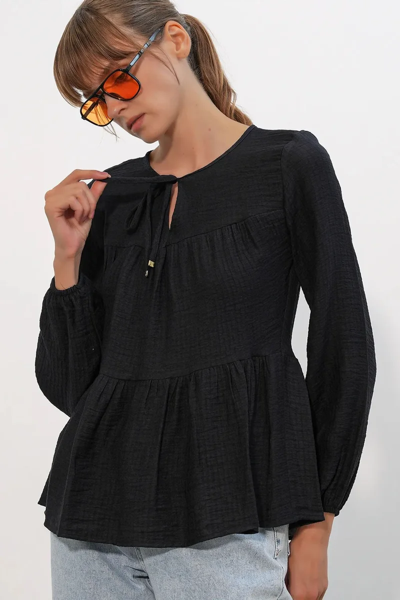 Big Dart Black BDART Textured Tie-Front Blouse for Women | Best Price UAE