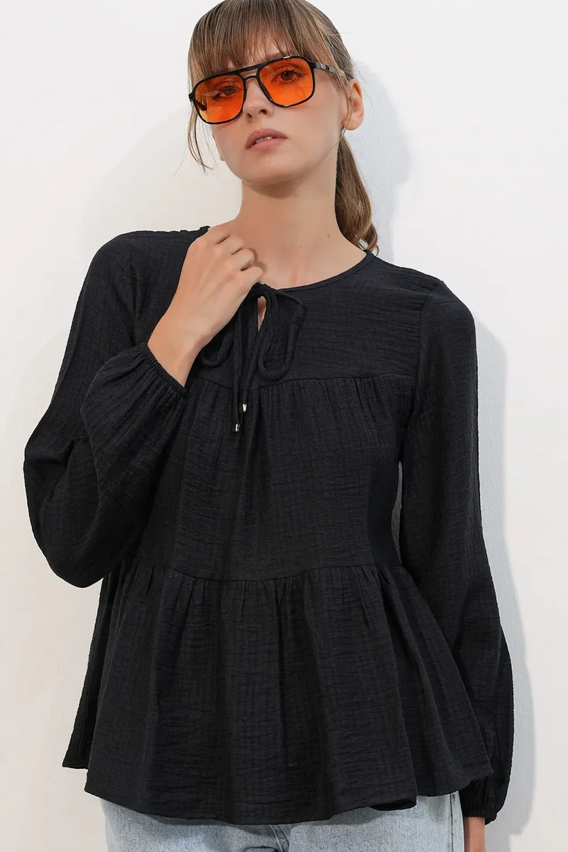 Big Dart Black BDART Textured Tie-Front Blouse for Women | Best Price UAE