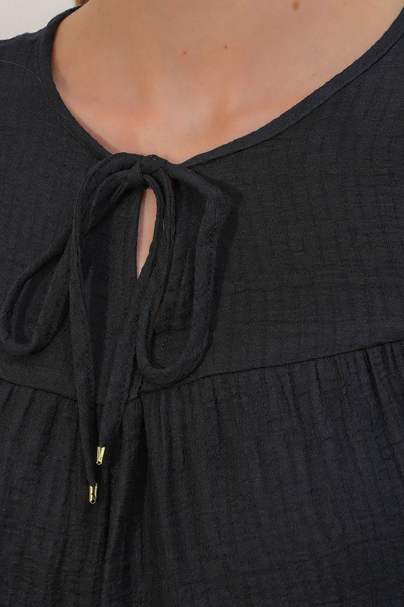 Big Dart Black BDART Textured Tie-Front Blouse for Women | Best Price UAE