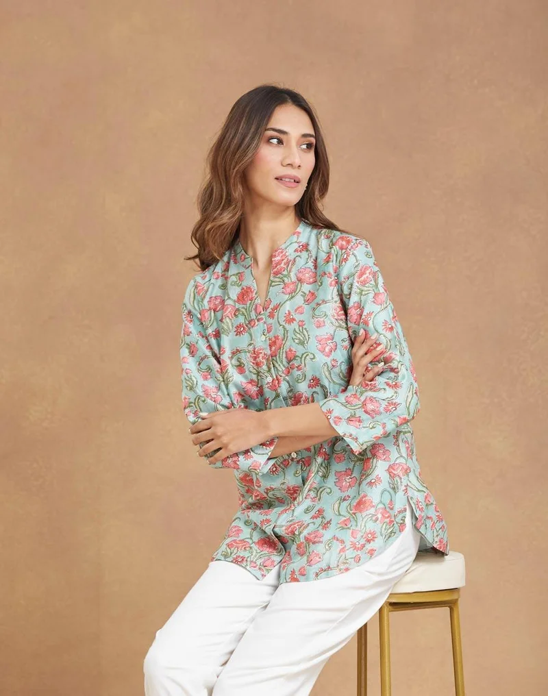 Fabindia Green Cotton Silk Hand Block Printed Tunic
