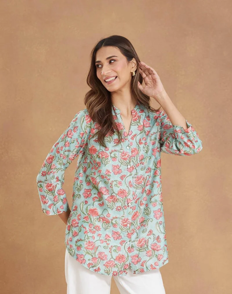 Fabindia Green Cotton Silk Hand Block Printed Tunic