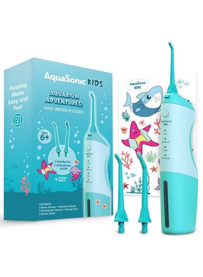 AquaSonic Kids' Water Flosser for Ages 6+ | Standard Nozzle, Orthodontic Nozzle & Waterproof Stickers | 4 Flossing Modes | Aquarium Adventures Theme (Blue) - Image 1