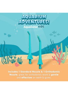 Aquasonic AquaSonic Kids' Water Flosser for Ages 6+ | Standard Nozzle, Orthodontic Nozzle & Waterproof Stickers | 4 Flossing Modes | Aquarium Adventures Theme (Blue)  - Image 3