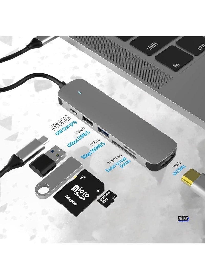 TIGER - 6-in-1 USB C Hub with USB 3.0, 4K HDMI, USB C PD, SD/TF Card Reader – Multiport Docking Station for MacBook Pro, MacBook Air & Type-C Devices – Expand Connectivity, High-Speed Data Transfer, and Power Delivery - Image 1