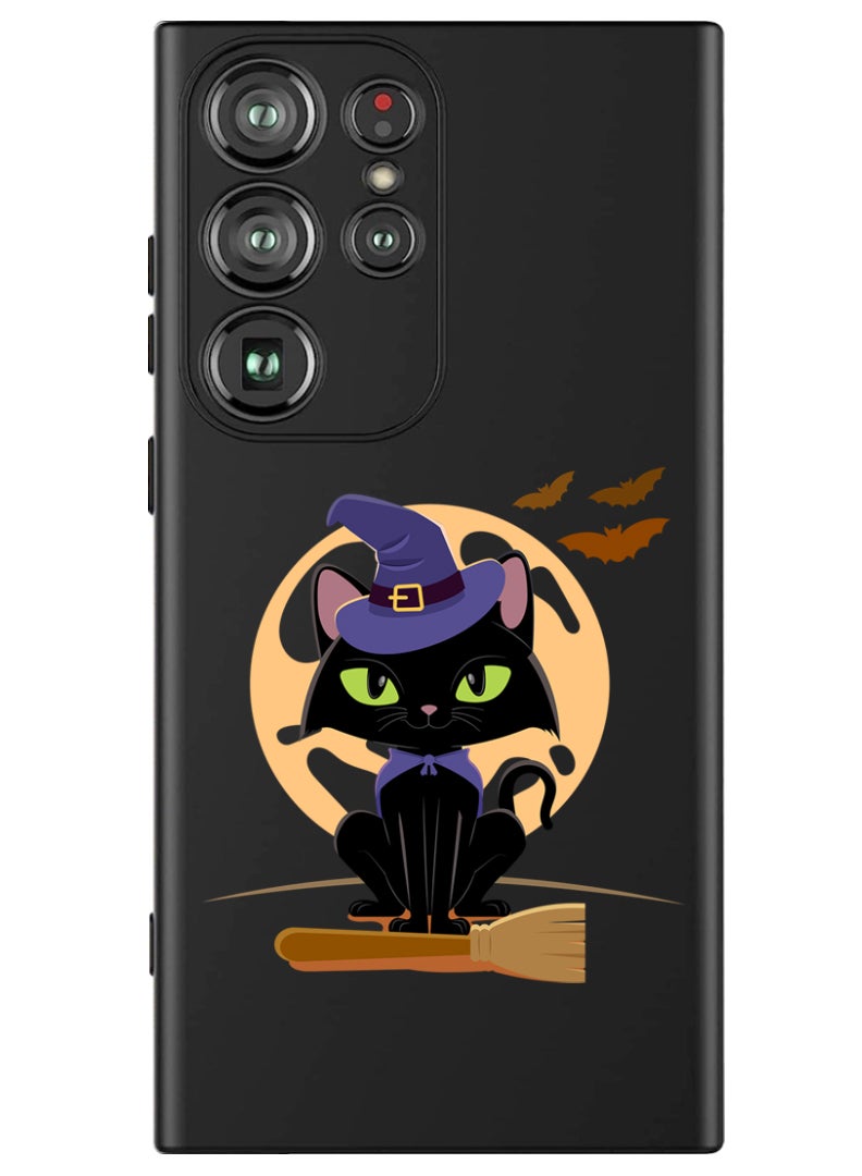 Theodor Protective Slim Fit Case Liquid Silicone Cover with Full Body Protection Anti-Scratch Shockproof Case For Samsung Galaxy S24 Ultra (Black) - Cat Halloween with broom - Image 1