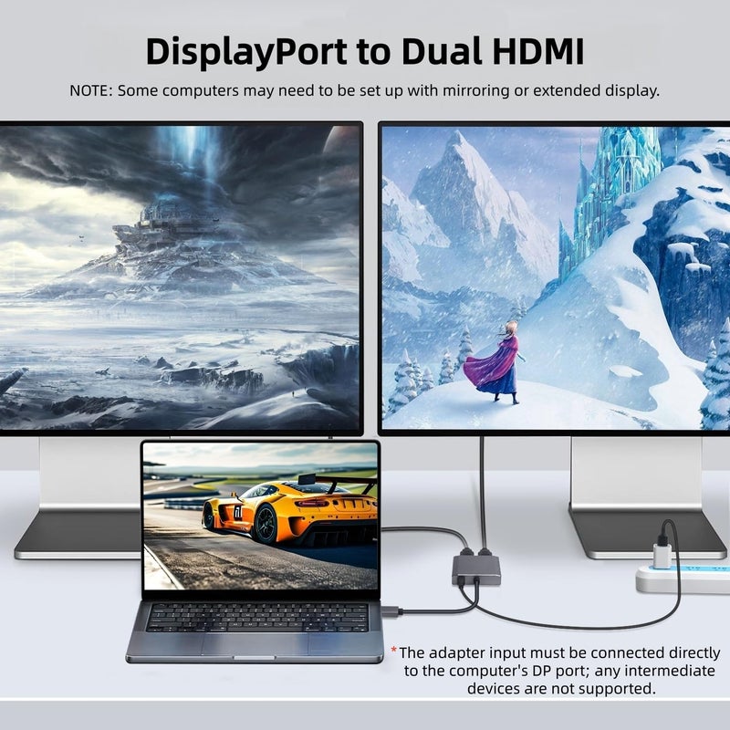 XinYaa DisplayPort to Dual HDMI Adapter,4K@60Hz DP Source to HDMI Splitter Extended Display Adapter for Dual Monitors, Display Port Converter for NVIDIA, AMD Graphics Card Support MST & SST Mode - Image 2