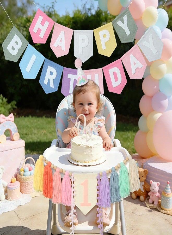 DCJHFJ Pastel Macaron Rainbow High Chair Banner Felt Happy Birthday Banner Pre-Strung Birthday Party Decorations For 1st Girl Birthday Backdrop - Image 3
