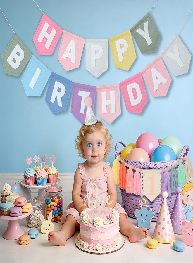 DCJHFJ Pastel Macaron Rainbow High Chair Banner Felt Happy Birthday Banner Pre-Strung Birthday Party Decorations For 1st Girl Birthday Backdrop - Image 2
